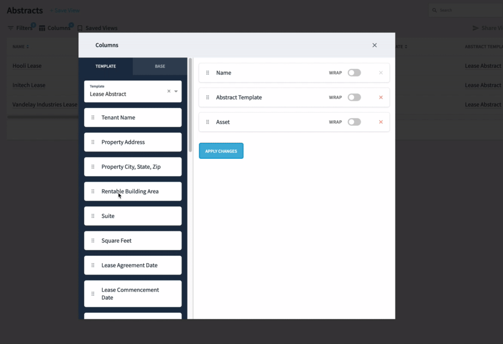 Screen recording of customizing table columns.